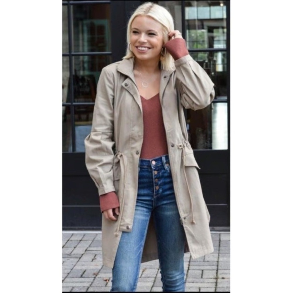 BB Dakota Womens Tan Utility Anorak Jacket‎ Hidden Zip Hood Khaki Large